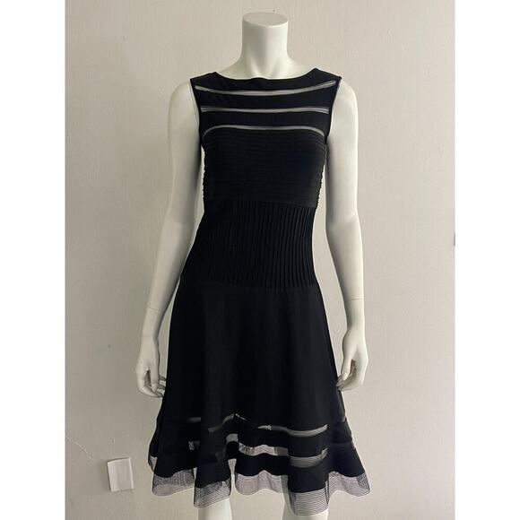 Tadashi Shoji XS Dress Black Jersey Illusions Mesh Pleat Fit Flare Cocktail - Picture 2 of 10